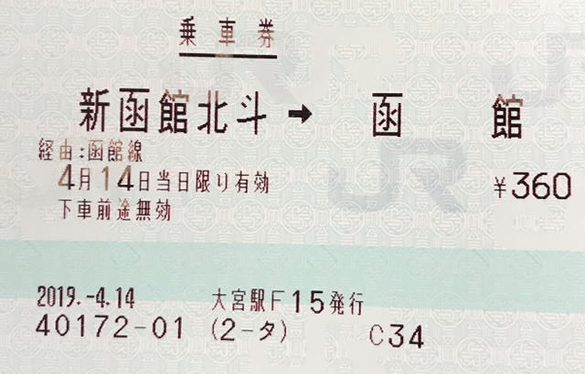 新函館北斗から函館の乗車券